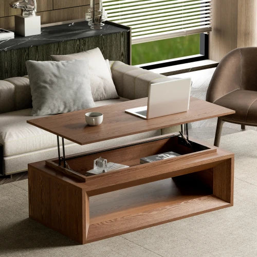 Walnut Lift-Top Coffee Table | Solid Wood Veneer, Adjustable Height, Storage