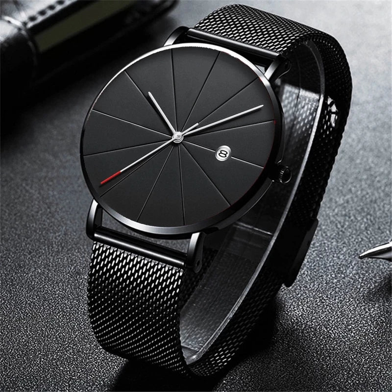 DIJANES Men's Ultra-Thin Quartz Watch | Stainless Steel Mesh Belt, Calendar