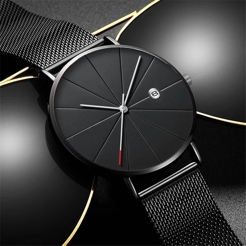 DIJANES Men's Ultra-Thin Quartz Watch | Stainless Steel Mesh Belt, Calendar