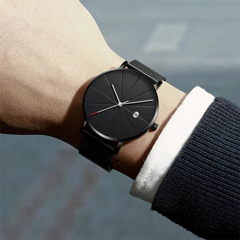 DIJANES Men's Ultra-Thin Quartz Watch | Stainless Steel Mesh Belt, Calendar