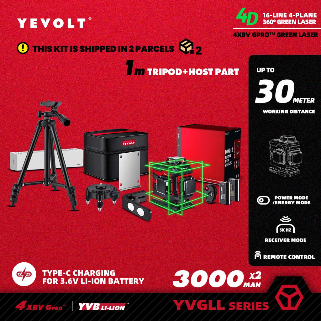 YEVOLT YVGLL4XS16 Series Green Laser Level 4-Plane 16-Line Self-leveling 360 3D Horizontal & Vertical Power Measuring Tools