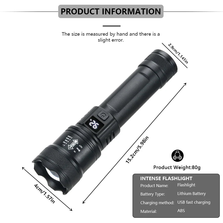 High-Power LED Tactical Flashlight 2000LM – USB Rechargeable Zoom Torch with Display
