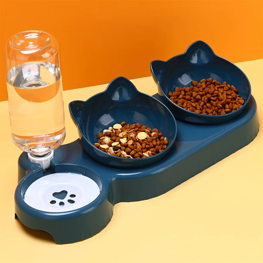 3-in-1 Cat Water & Food Bowl Set – Gravity Water Bottle with Tilted Ear Design
