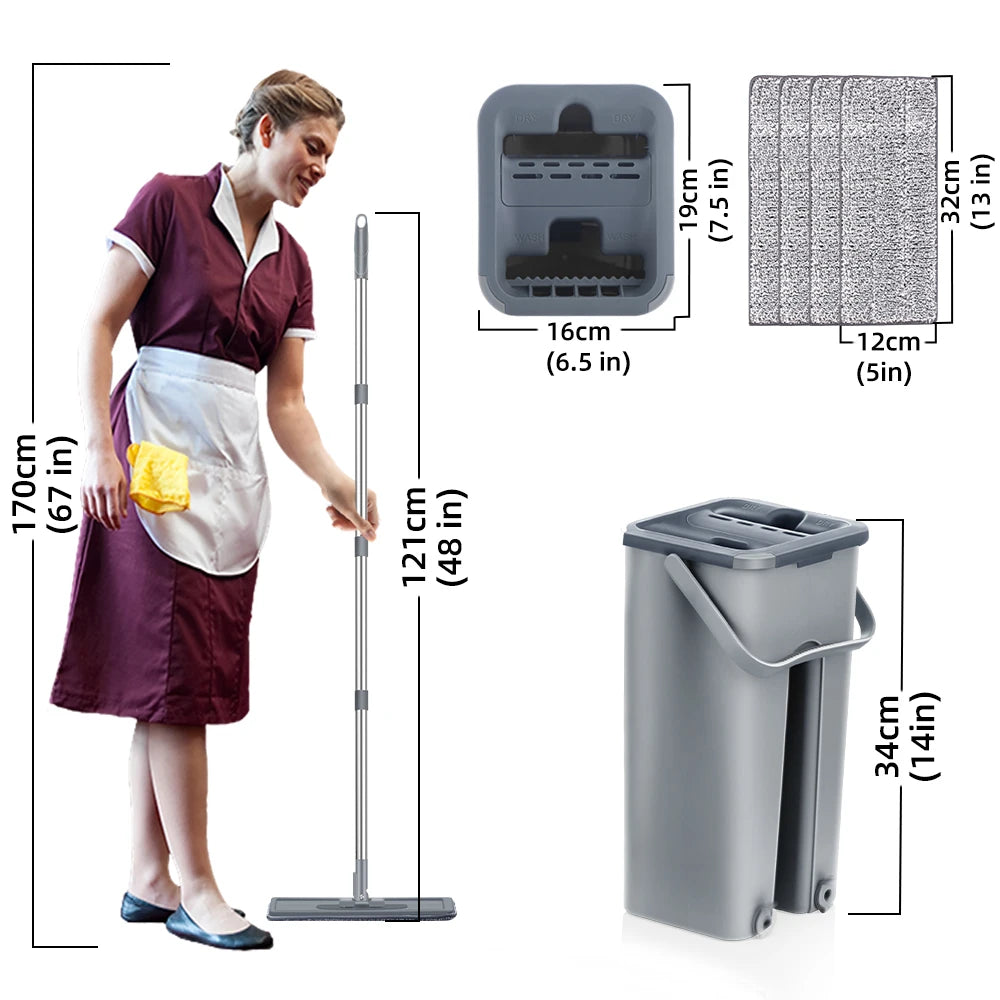 Hands-Free Flat Floor Mop & Bucket Set – Washable Microfiber Pads for Hardwood