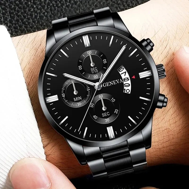 GAIETY Men's Black Quartz Watch | Stainless Steel, Calendar, Luminous Hands