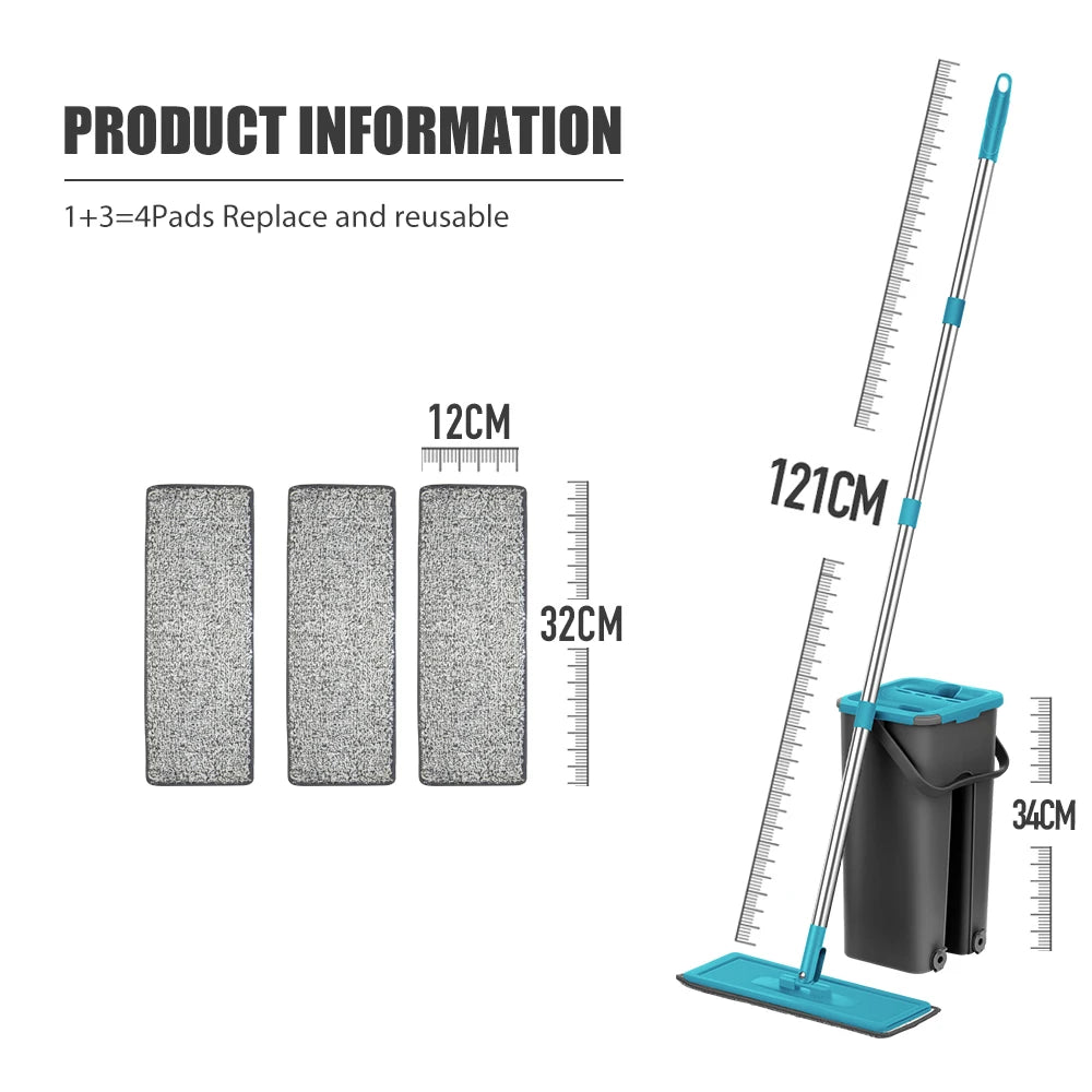Hands-Free Flat Floor Mop & Bucket Set – Washable Microfiber Pads for Hardwood