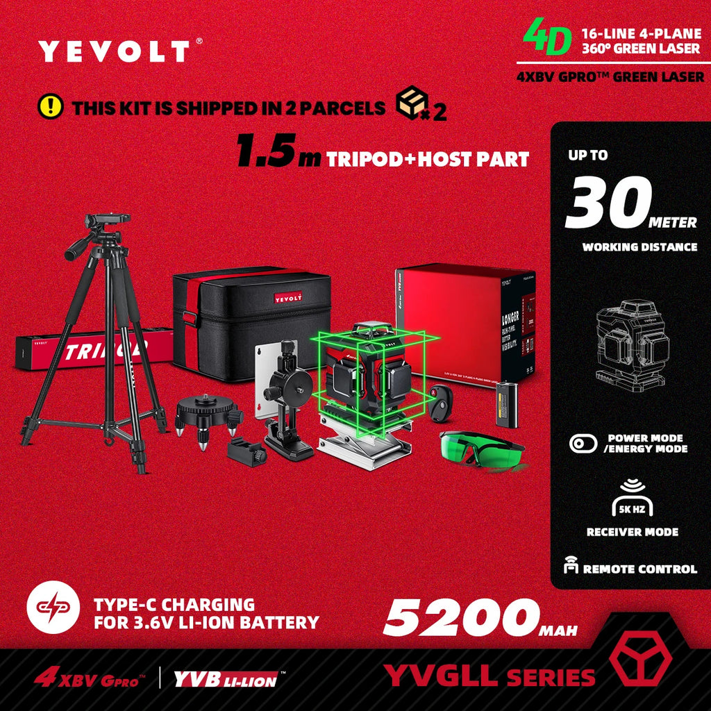 YEVOLT YVGLL4XS16 16 Lines 4-Plane Green Laser Level Tools 4D with 3Ah/5.2Ah Power Self-Leveling Machine Horizontal & Vertical