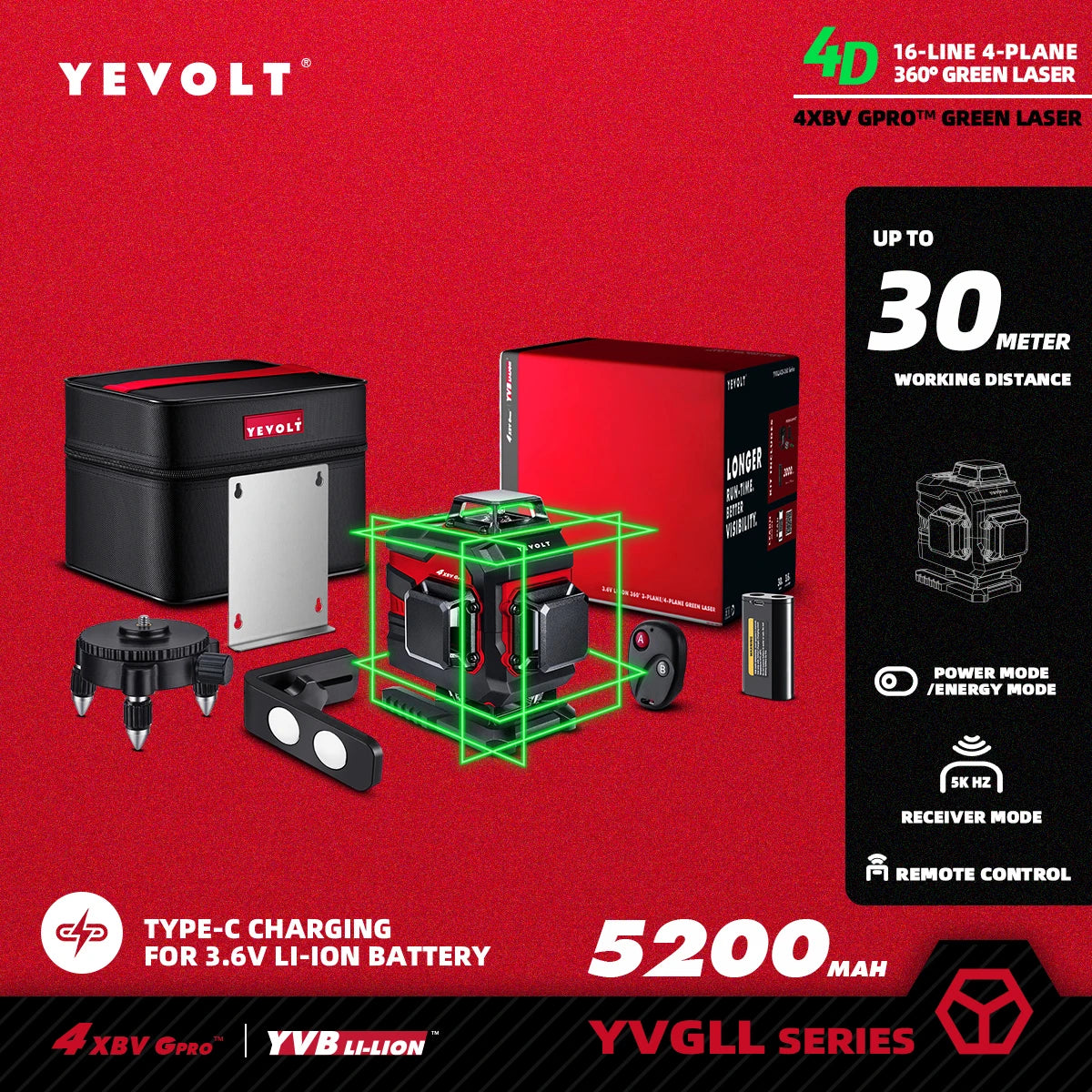 YEVOLT YVGLL4XS16 Series Green Laser Level 4-Plane 16-Line Self-leveling 360 3D Horizontal & Vertical Power Measuring Tools