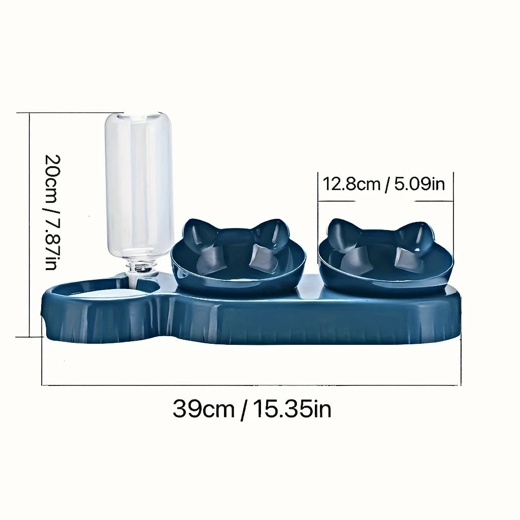 3-in-1 Cat Water & Food Bowl Set – Gravity Water Bottle with Tilted Ear Design