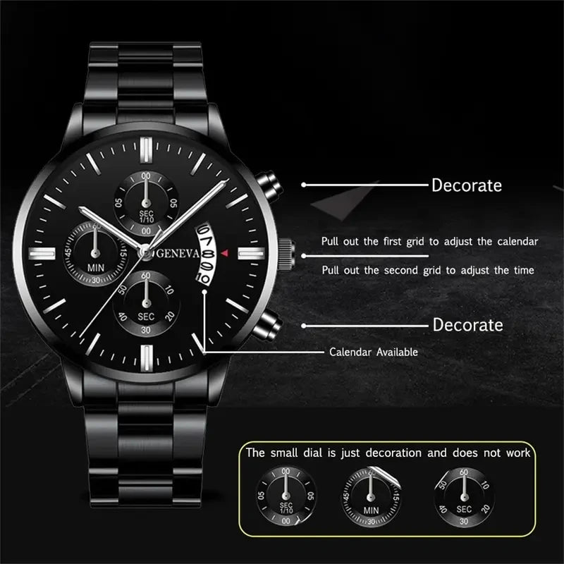 GAIETY Men's Black Quartz Watch | Stainless Steel, Calendar, Luminous Hands