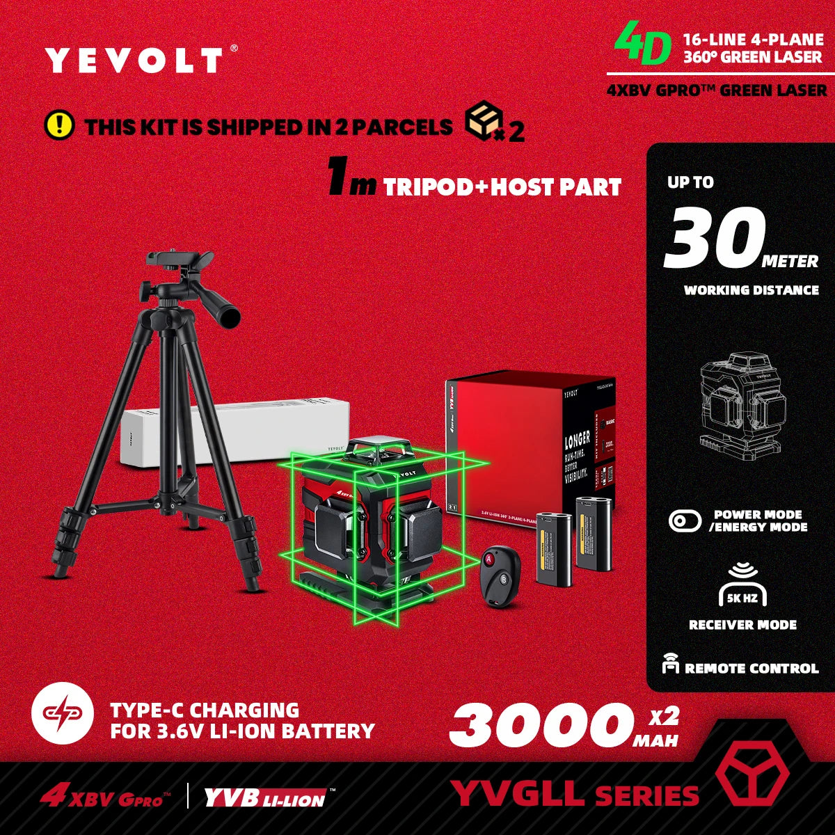 YEVOLT YVGLL4XS16 Series Green Laser Level 4-Plane 16-Line Self-leveling 360 3D Horizontal & Vertical Power Measuring Tools