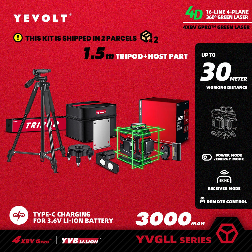 YEVOLT YVGLL4XS16 16 Lines 4-Plane Green Laser Level Tools 4D with 3Ah/5.2Ah Power Self-Leveling Machine Horizontal & Vertical