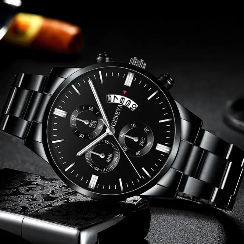 GAIETY Men's Black Quartz Watch | Stainless Steel, Calendar, Luminous Hands