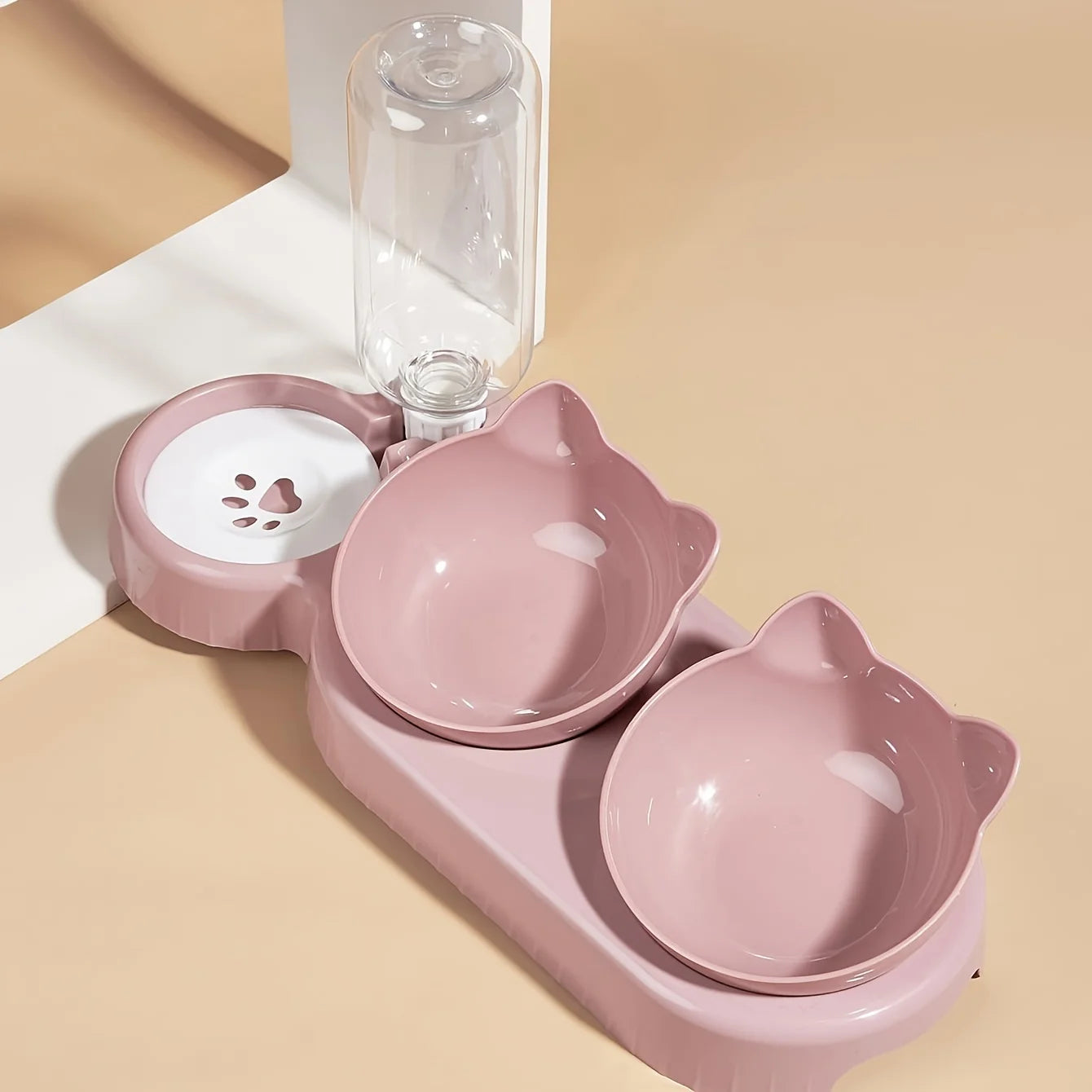 3-in-1 Cat Water & Food Bowl Set – Gravity Water Bottle with Tilted Ear Design
