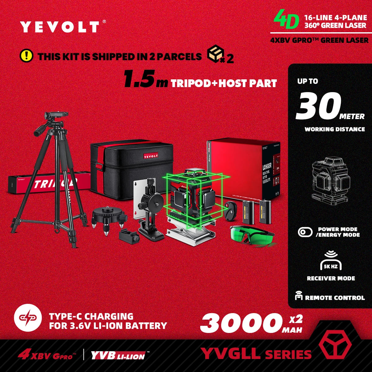 YEVOLT YVGLL4XS16 16 Lines 4-Plane Green Laser Level Tools 4D with 3Ah/5.2Ah Power Self-Leveling Machine Horizontal & Vertical