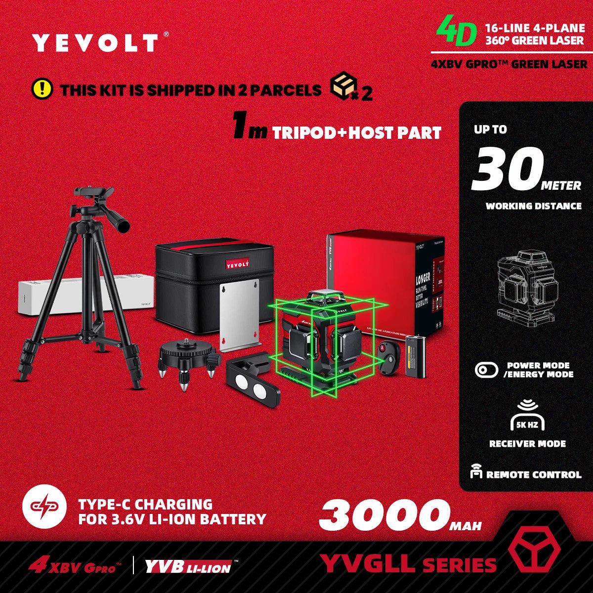 YEVOLT YVGLL4XS16 16 Lines 4-Plane Green Laser Level Tools 4D with 3Ah/5.2Ah Power Self-Leveling Machine Horizontal & Vertical