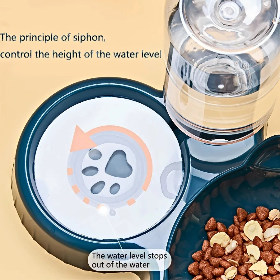 3-in-1 Cat Water & Food Bowl Set – Gravity Water Bottle with Tilted Ear Design