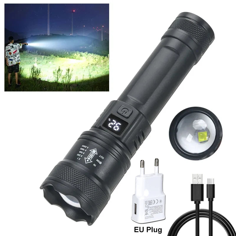 High-Power LED Tactical Flashlight 2000LM – USB Rechargeable Zoom Torch with Display