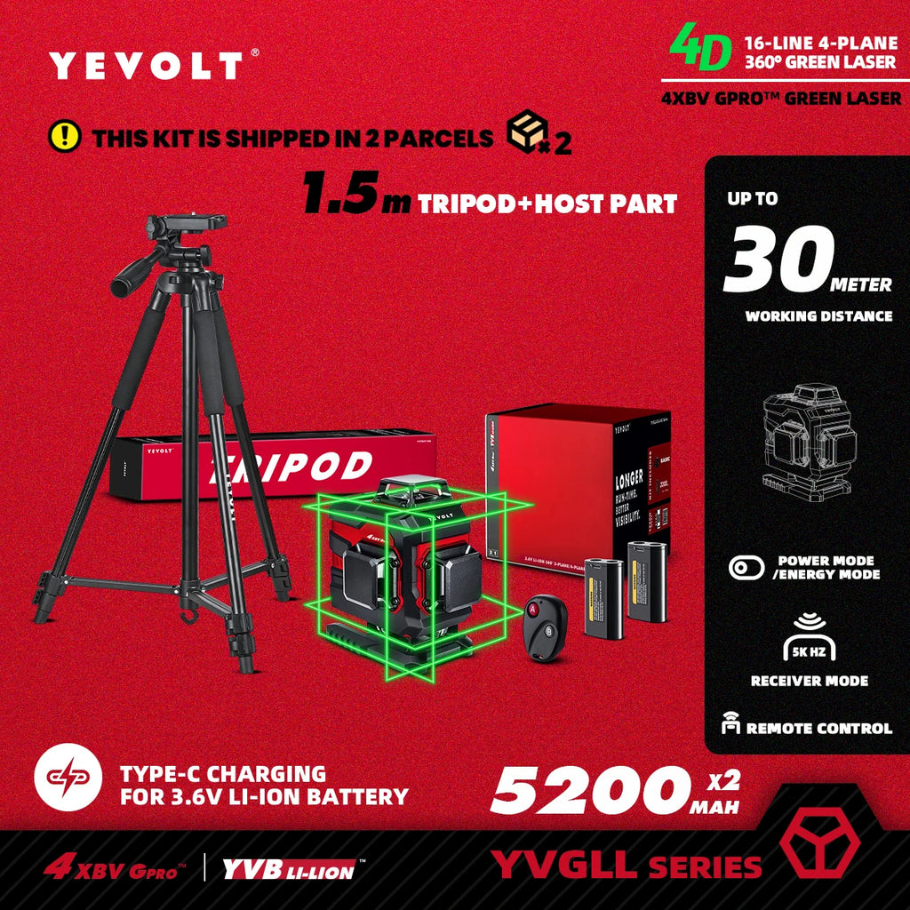 YEVOLT YVGLL4XS16 Series Green Laser Level 4-Plane 16-Line Self-leveling 360 3D Horizontal & Vertical Power Measuring Tools