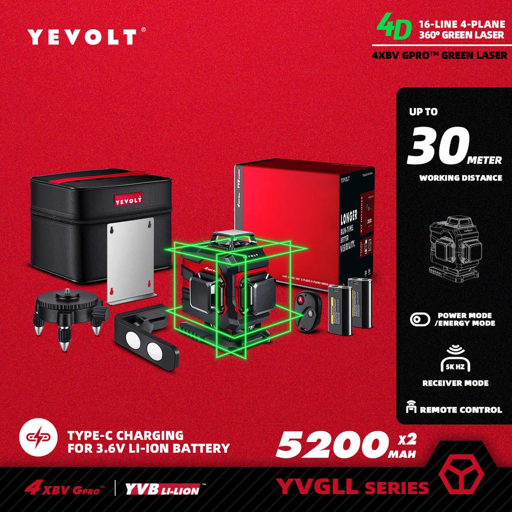YEVOLT YVGLL4XS16 Series Green Laser Level 4-Plane 16-Line Self-leveling 360 3D Horizontal & Vertical Power Measuring Tools