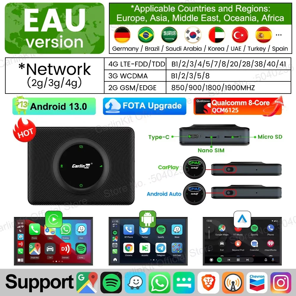 Android 13 CarlinKit Android Auto Wireless CarPlay AI TV Box QCM6125 8-Core Split Screen 64G 128G For Netflix YouTube Play Store