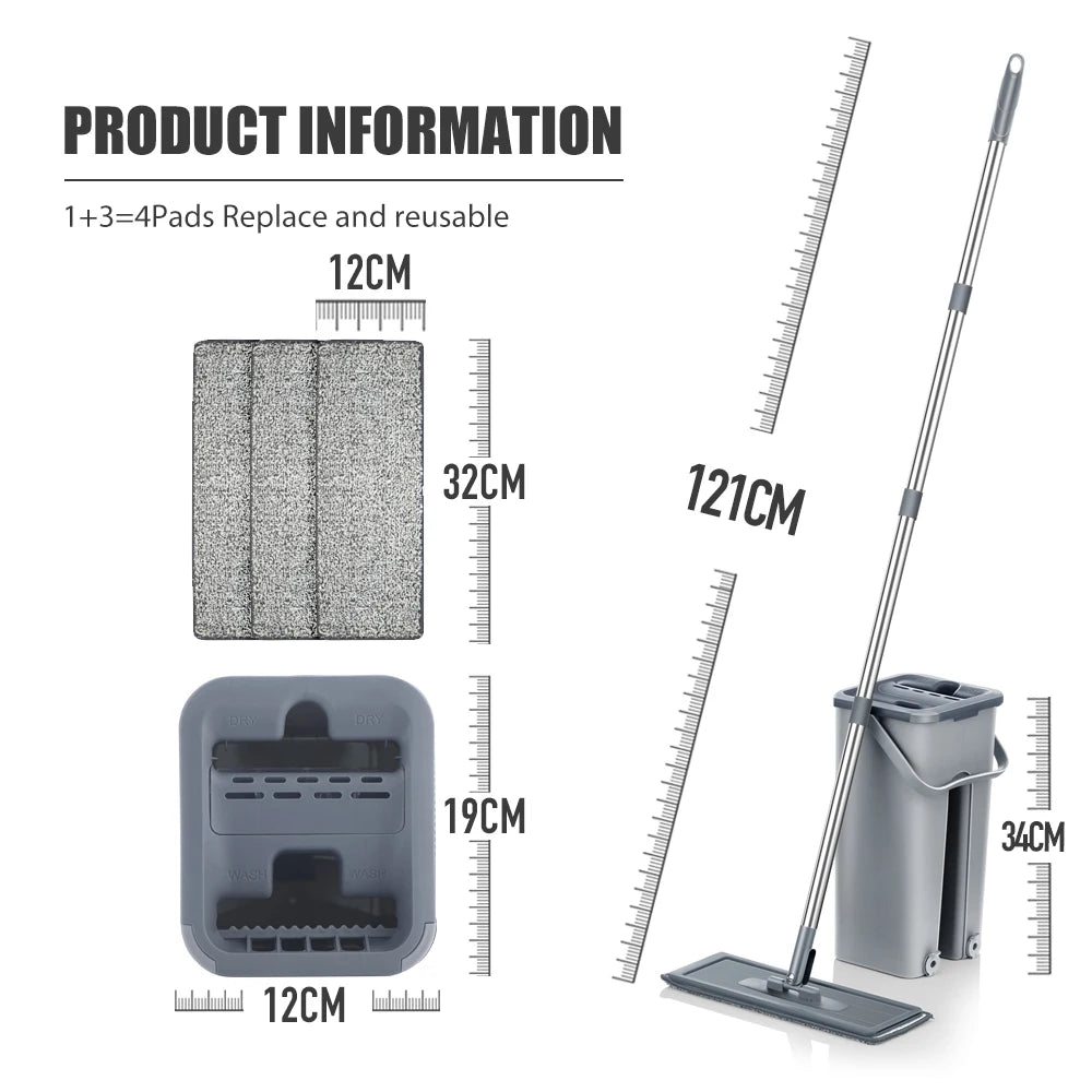 Hands-Free Flat Floor Mop & Bucket Set – Washable Microfiber Pads for Hardwood