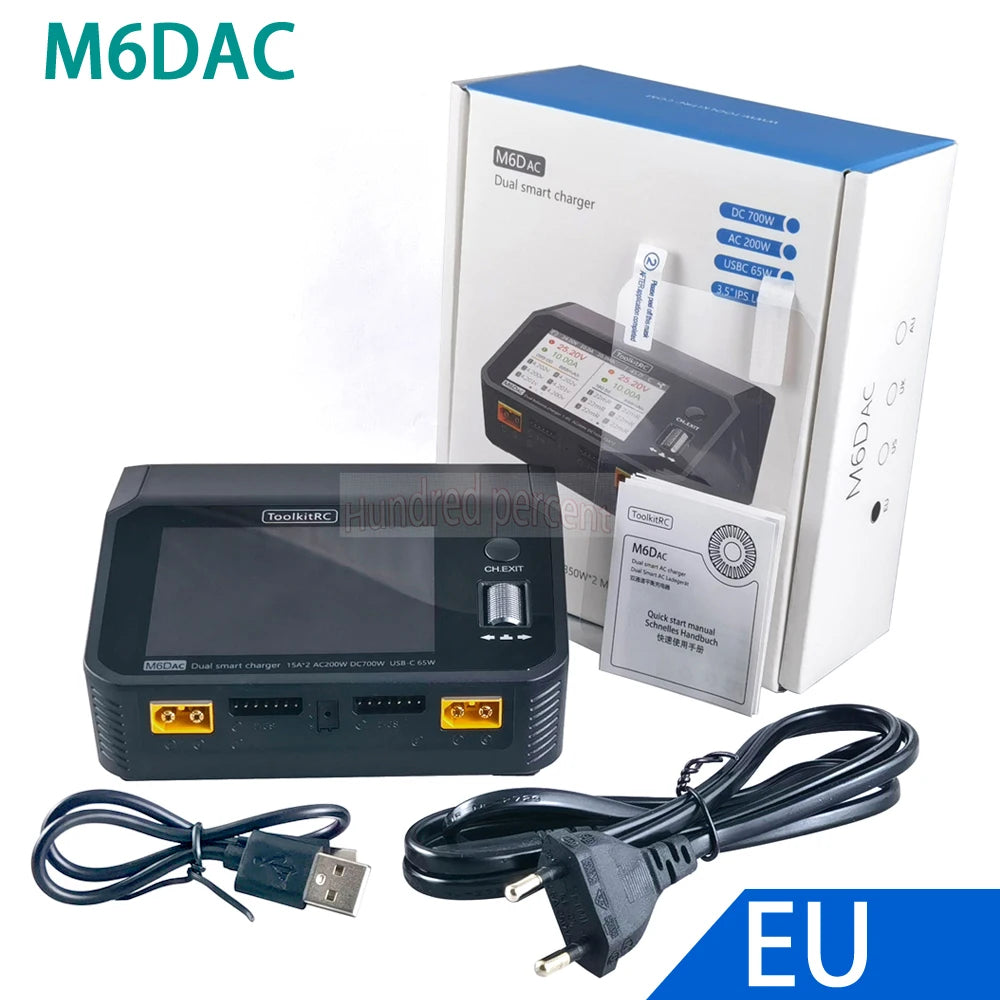 NEW ToolkitRC M6DAC Dual Channel Smart Lipo Battery Charger Discharger AC 200W DC 350WX2 15A for 1-6S LiHV PD 65W