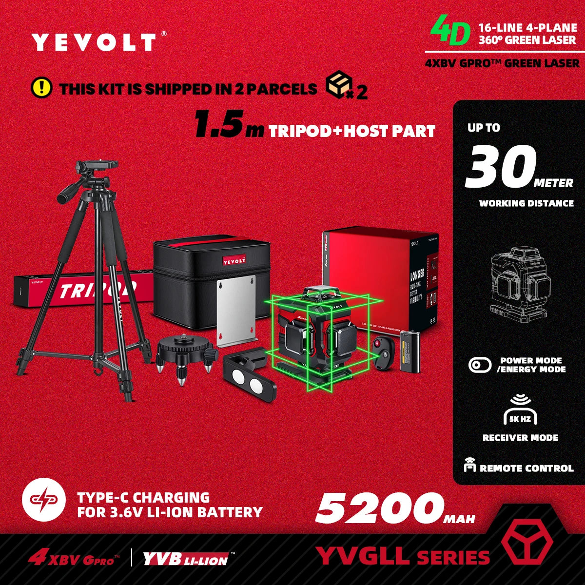YEVOLT YVGLL4XS16 16 Lines 4-Plane Green Laser Level Tools 4D with 3Ah/5.2Ah Power Self-Leveling Machine Horizontal & Vertical