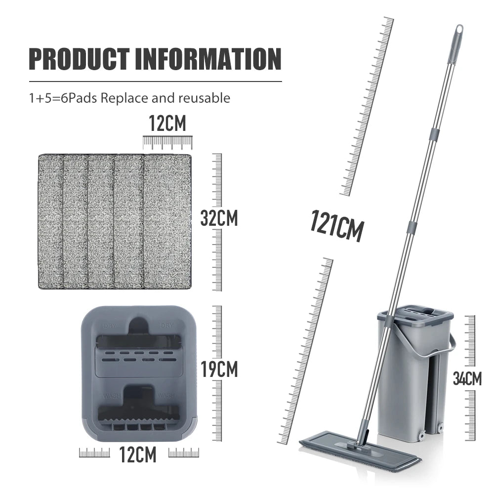 Hands-Free Flat Floor Mop & Bucket Set – Washable Microfiber Pads for Hardwood