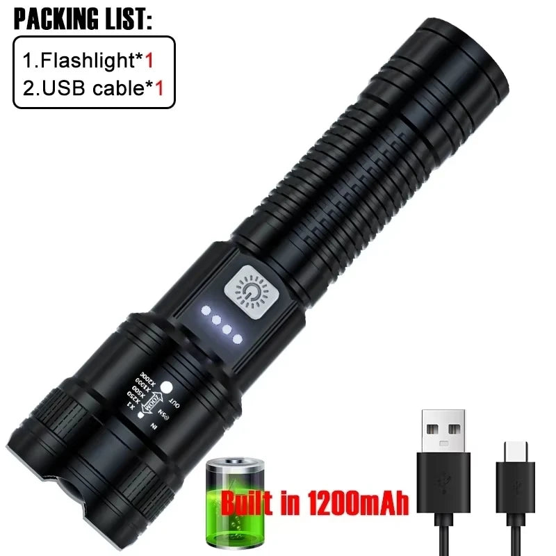 High-Power LED Tactical Flashlight 2000LM – USB Rechargeable Zoom Torch with Display