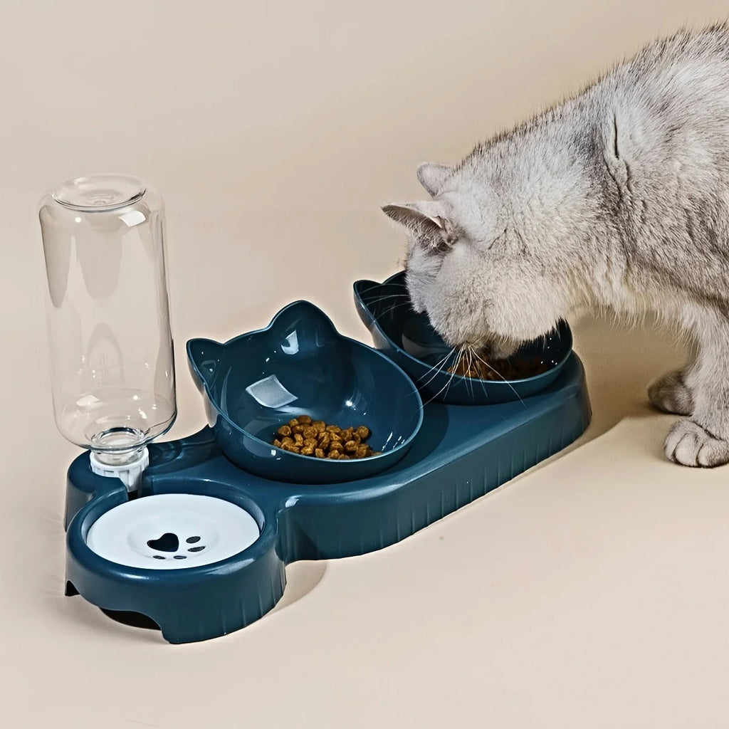 3-in-1 Cat Water & Food Bowl Set – Gravity Water Bottle with Tilted Ear Design