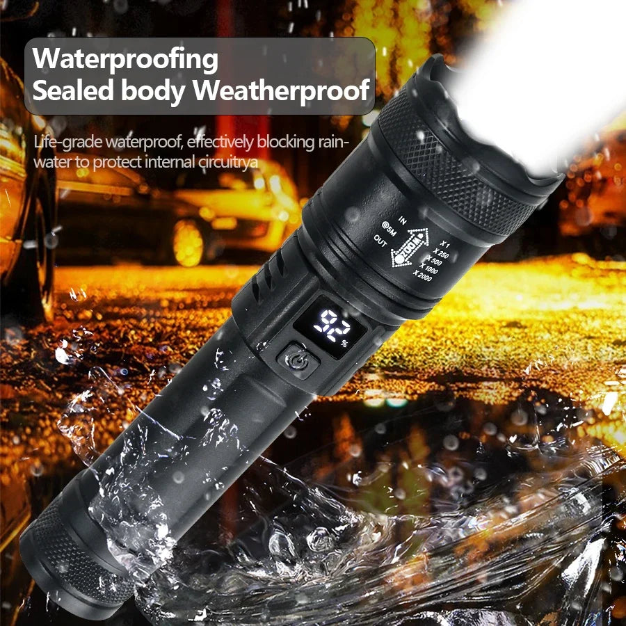 High-Power LED Tactical Flashlight 2000LM – USB Rechargeable Zoom Torch with Display