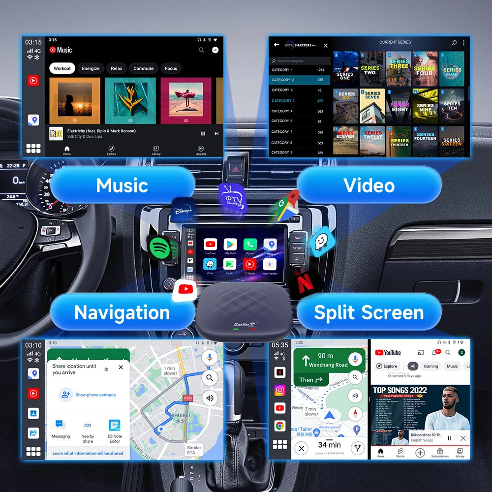 Android 13 CarlinKit Android Auto Wireless CarPlay AI TV Box QCM6125 8-Core Split Screen 64G 128G For Netflix YouTube Play Store