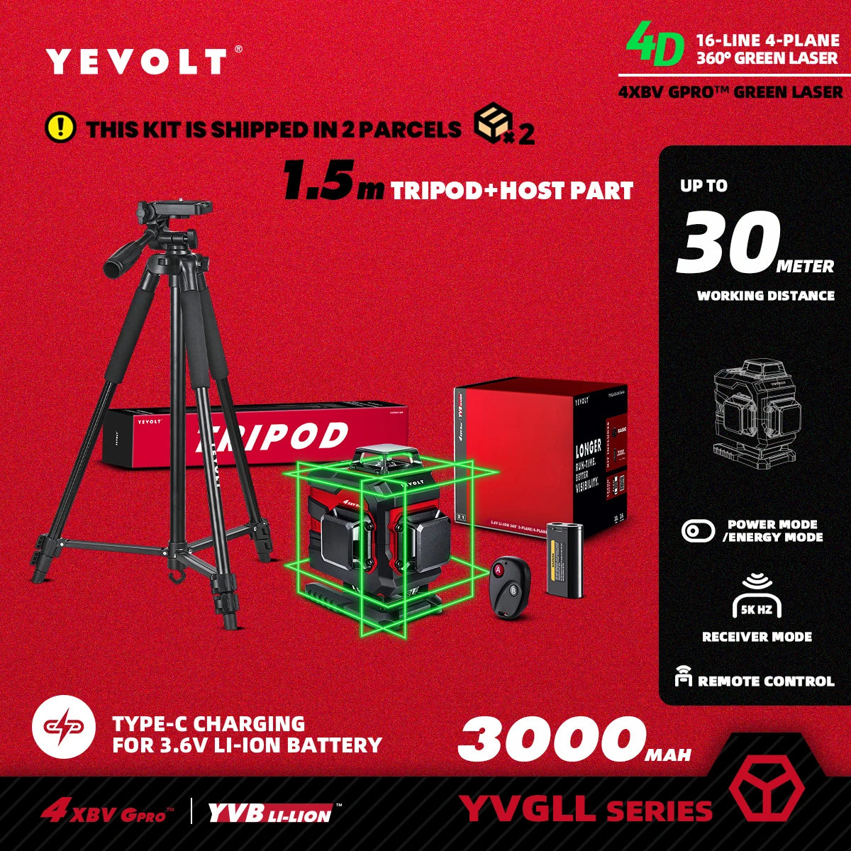 YEVOLT YVGLL4XS16 16 Lines 4-Plane Green Laser Level Tools 4D with 3Ah/5.2Ah Power Self-Leveling Machine Horizontal & Vertical