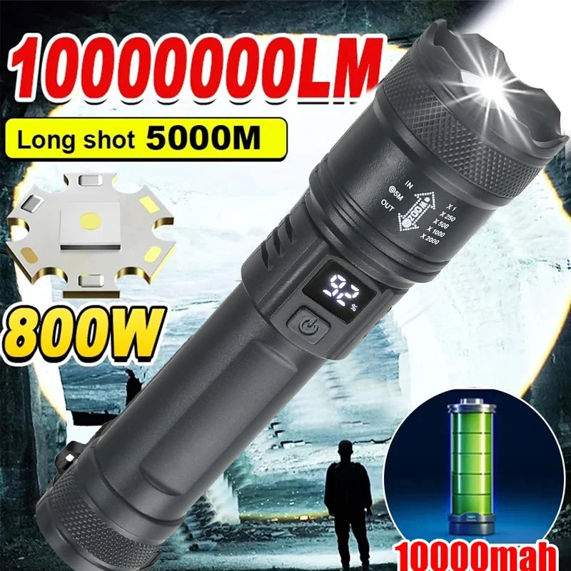 High-Power LED Tactical Flashlight 2000LM – USB Rechargeable Zoom Torch with Display