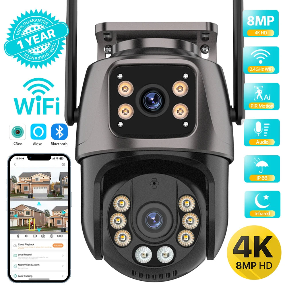 4K 8MP WiFi PTZ Security Camera – Dual Lens AI Auto Tracking Outdoor CCTV