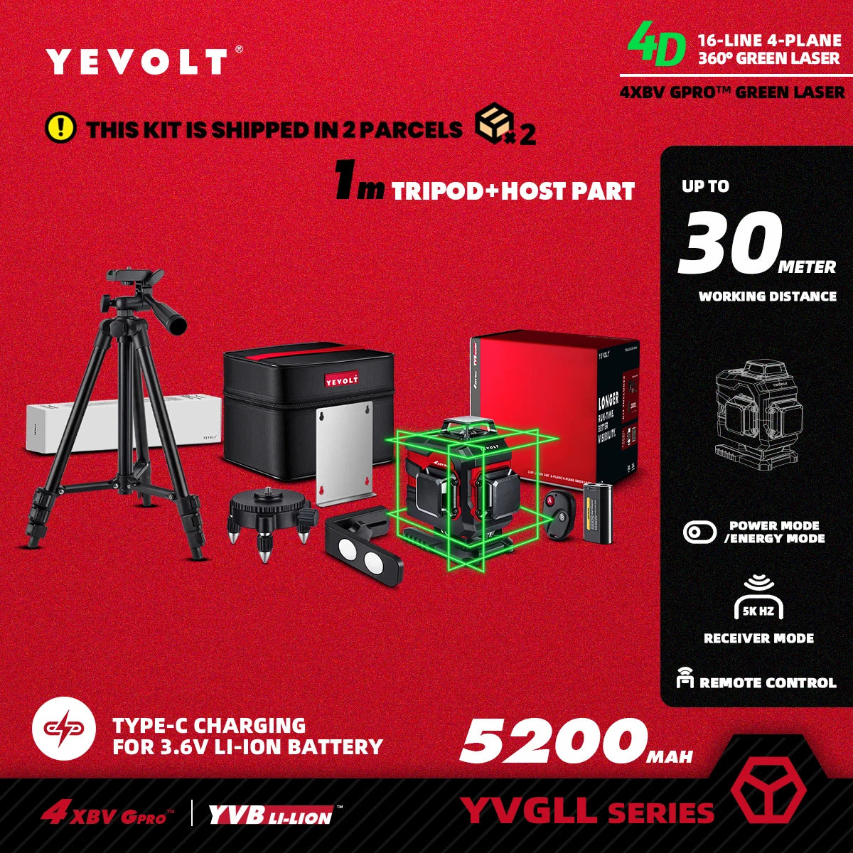 YEVOLT YVGLL4XS16 16 Lines 4-Plane Green Laser Level Tools 4D with 3Ah/5.2Ah Power Self-Leveling Machine Horizontal & Vertical