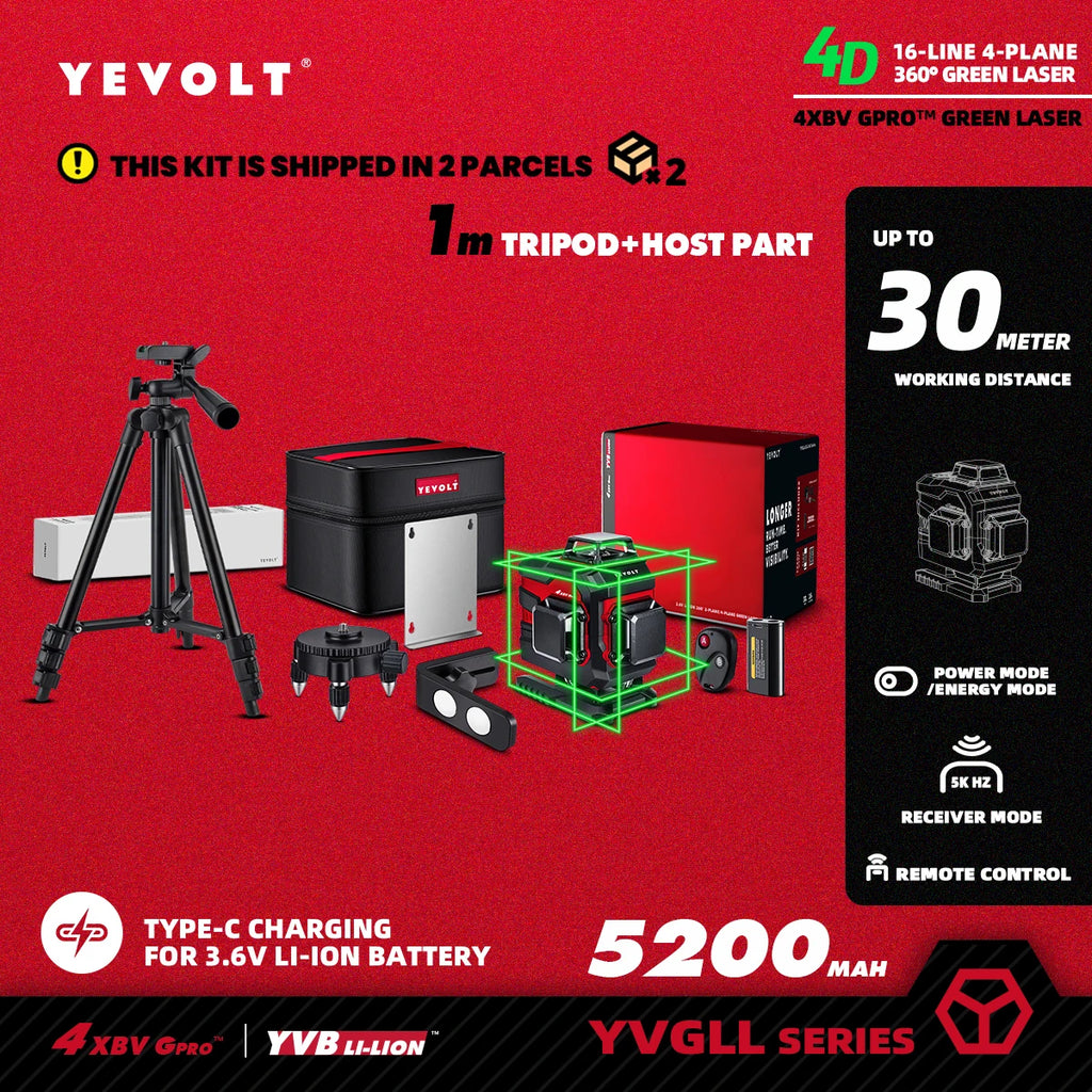 YEVOLT YVGLL4XS16 16 Lines 4-Plane Green Laser Level Tools 4D with 3Ah/5.2Ah Power Self-Leveling Machine Horizontal & Vertical