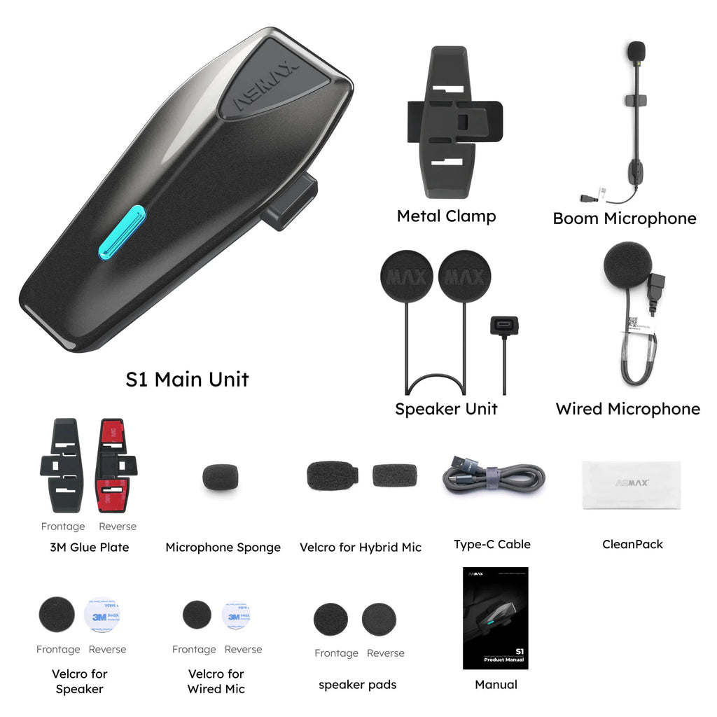 ASMAX S1 Helmet Bluetooth Headset Voice Control Motorcycle Communication Systems 8 Riders Helmet Intercom with FM Radio ENC/IPX7
