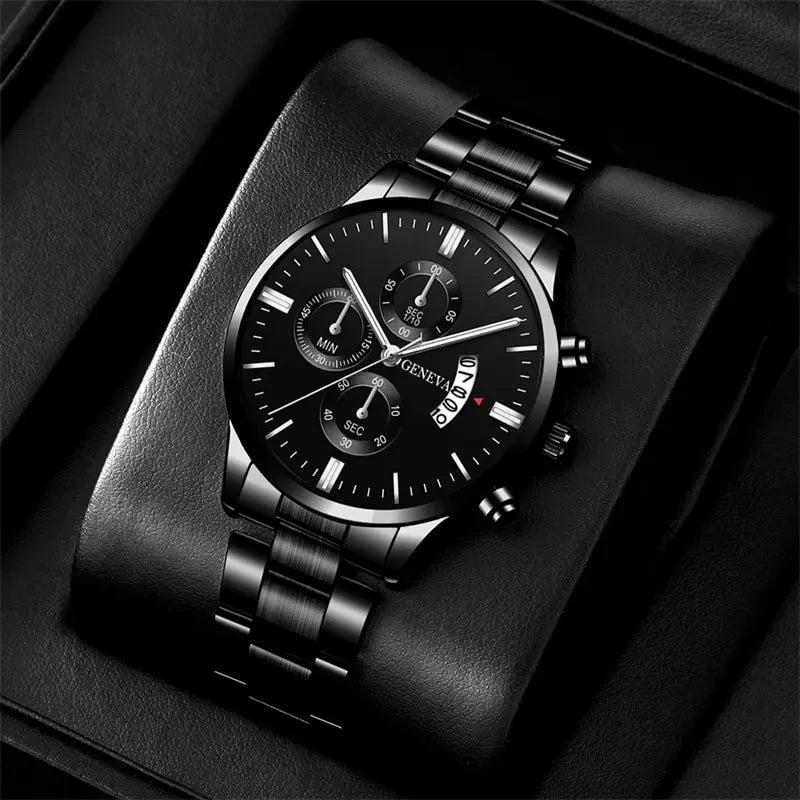 GAIETY Men's Black Quartz Watch | Stainless Steel, Calendar, Luminous Hands