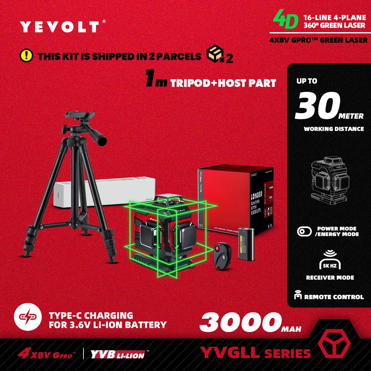 YEVOLT YVGLL4XS16 Series Green Laser Level 4-Plane 16-Line Self-leveling 360 3D Horizontal & Vertical Power Measuring Tools