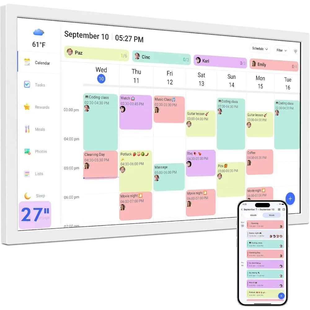 US Shipping 27 Inch Smart Digital Calendar Wall Mountable Electronic Family Planner with Touchscreen IPS Display Chore Chart