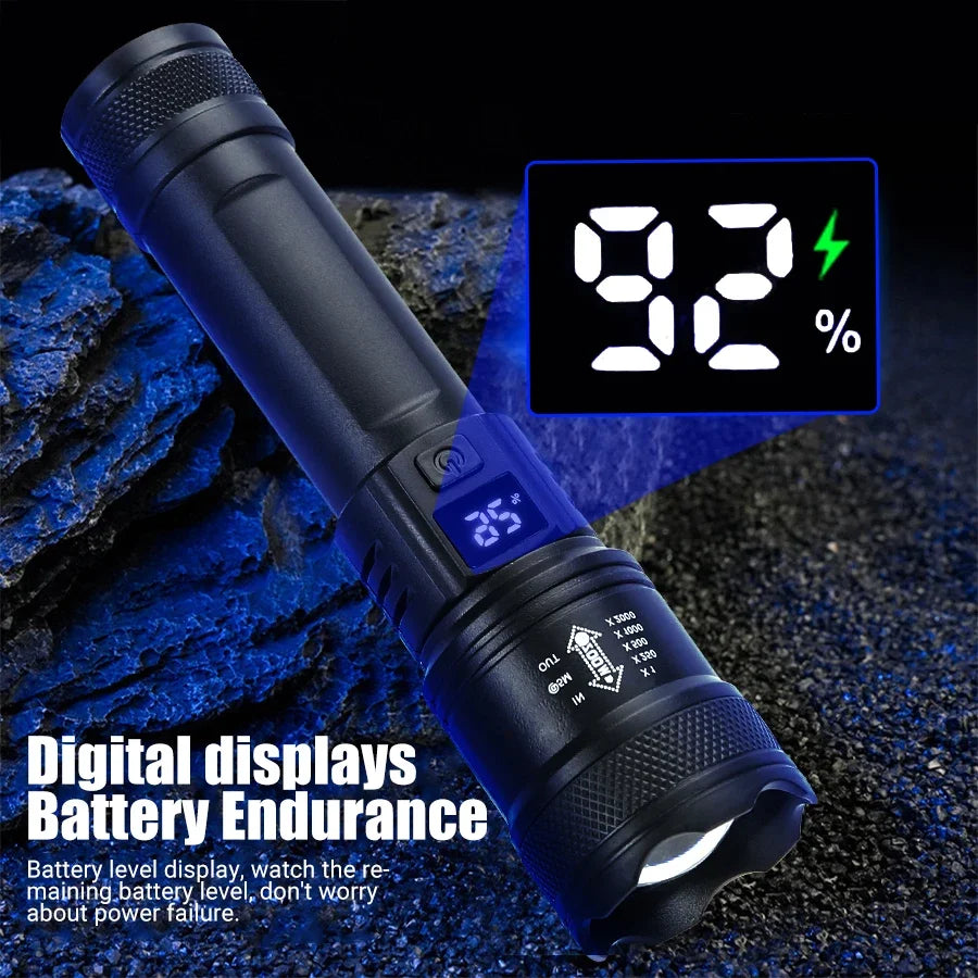 High-Power LED Tactical Flashlight 2000LM – USB Rechargeable Zoom Torch with Display