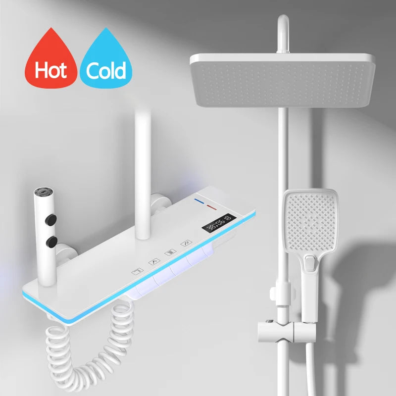 Bathroom Luxury Shower System with Lights Tempered Glass Piano Key Smart Digital Display Thermostat Mixer Shower Faucet Full Set