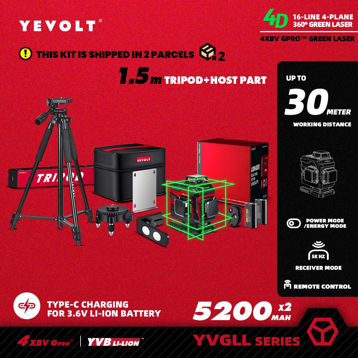 YEVOLT YVGLL4XS16 16 Lines 4-Plane Green Laser Level Tools 4D with 3Ah/5.2Ah Power Self-Leveling Machine Horizontal & Vertical
