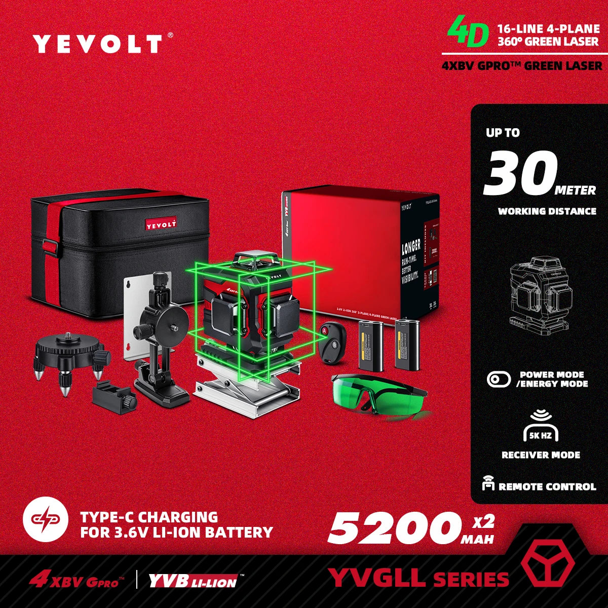 YEVOLT YVGLL4XS16 16 Lines 4-Plane Green Laser Level Tools 4D with 3Ah/5.2Ah Power Self-Leveling Machine Horizontal & Vertical