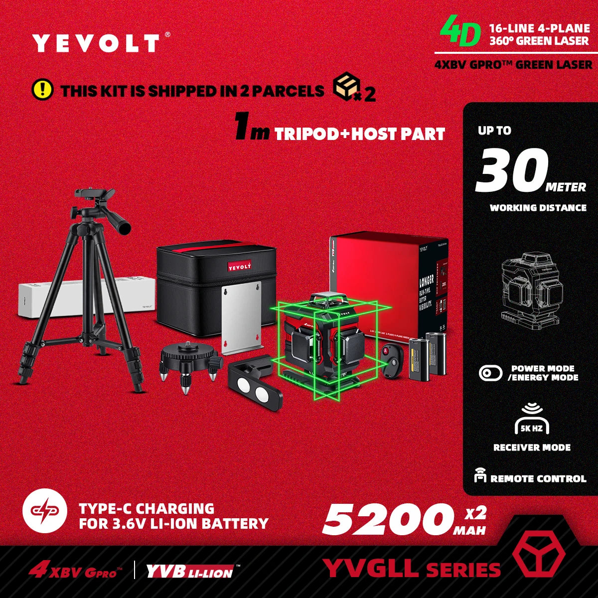YEVOLT YVGLL4XS16 16 Lines 4-Plane Green Laser Level Tools 4D with 3Ah/5.2Ah Power Self-Leveling Machine Horizontal & Vertical