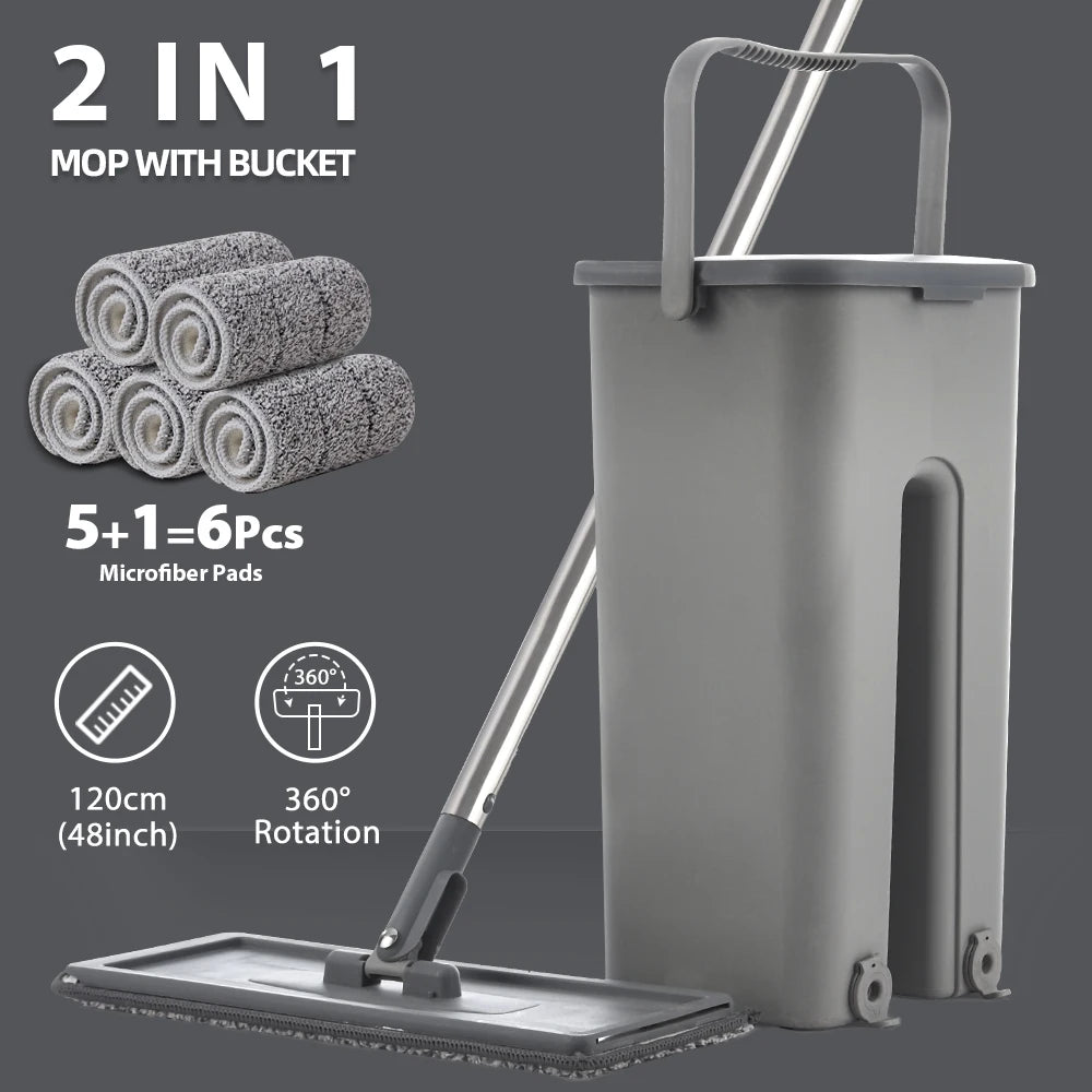 Hands-Free Flat Floor Mop & Bucket Set – Washable Microfiber Pads for Hardwood
