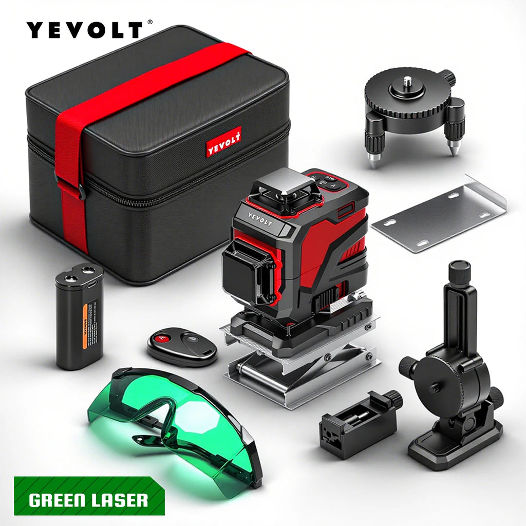 YEVOLT YVGLL4XS16 16 Lines 4-Plane Green Laser Level Tools 4D with 3Ah/5.2Ah Power Self-Leveling Machine Horizontal & Vertical