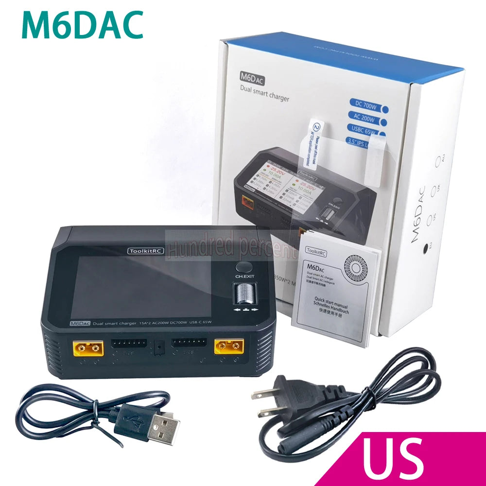 NEW ToolkitRC M6DAC Dual Channel Smart Lipo Battery Charger Discharger AC 200W DC 350WX2 15A for 1-6S LiHV PD 65W